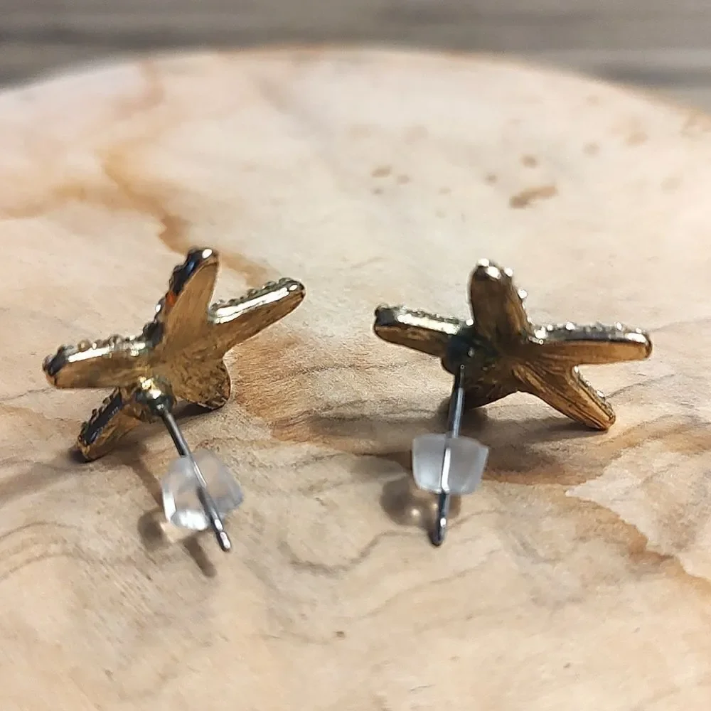 Gold Tone Rhinestone Sparkle Sea Star Pierced Earrings
